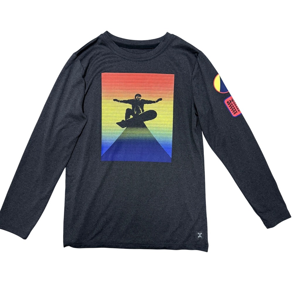 Xersion Snowboarder Performance Tee Kids M 10/12 Charcoal Rainbow Shred Graphic
